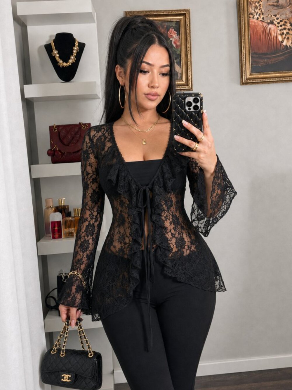 Y2K L•I•F•E Black Sheer Lace Ruffle Blouse with Floral Pattern Size M